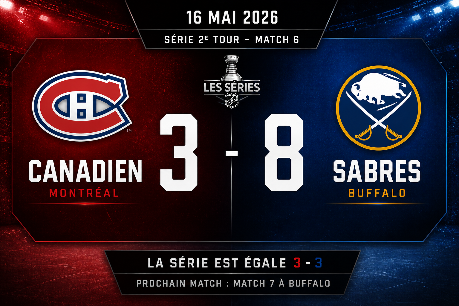 Les Sabres humilient le Canadien 8-3 et forcent un match ultime